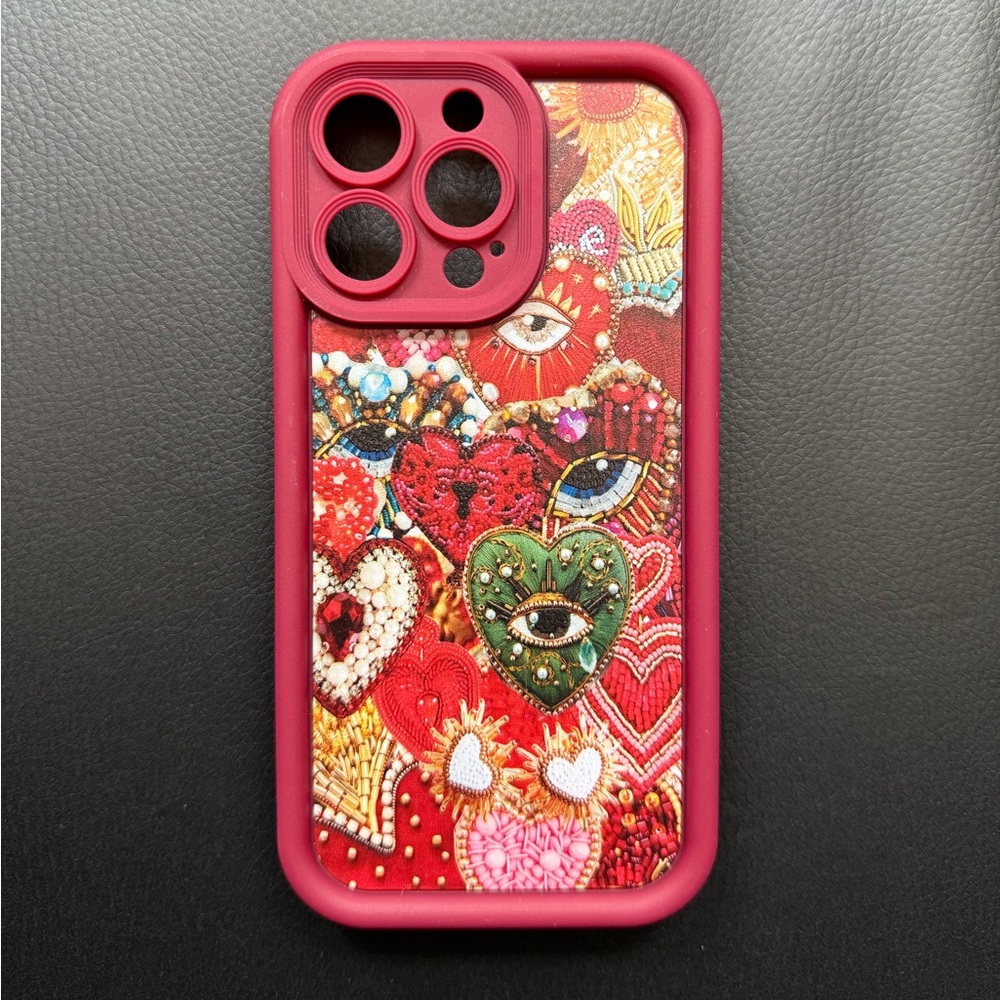 iPhone 13 Pro / iPhone 14 Pro Phone Red Case with Heart and Eyes Design